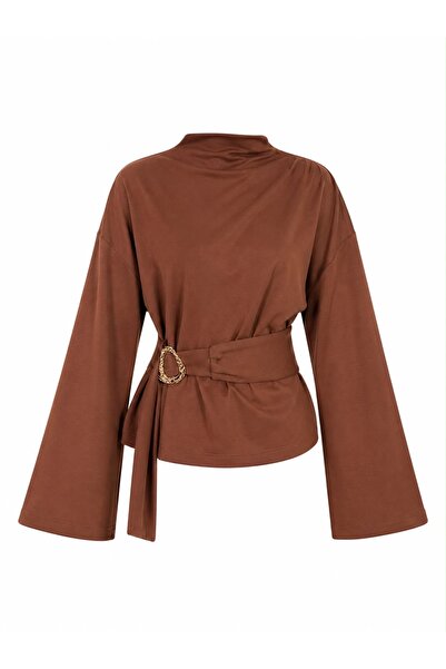 peri tower Women's Half Turtleneck Draped Belt Buckle Spanish Sleeve Blouse 224