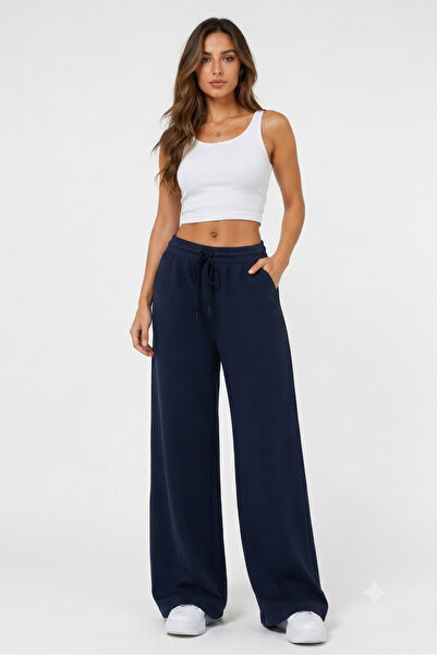SAAT TEKSTİL Women's Navy Blue Wide-Leg Sweatpants Comfortable Fit Casual Spo...