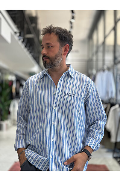 BYBASICMAN Blue Straight-Lined Seersucker Fabric Shirt Tw-1221
