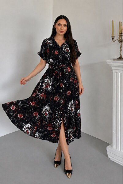 msm fashion Γυναικείο φόρεμα με μακρύ σχέδιο, κοντό μανίκι, γιακά πουκάμισου ...