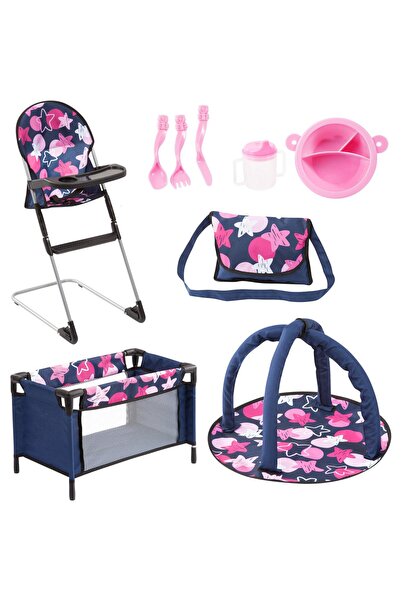Bayer Set 9in1 complet ingrijire papusi Blue/Pink Stars cu scaun de masa, pat...