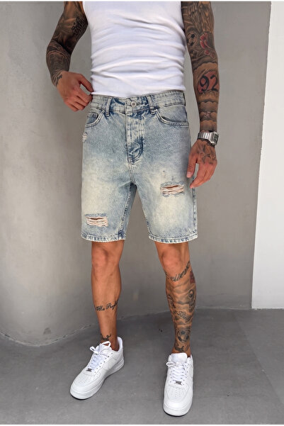 MADZEYMODA Men's Washed Blue Denim Ripped Detailed Jean Shorts Ke-1239