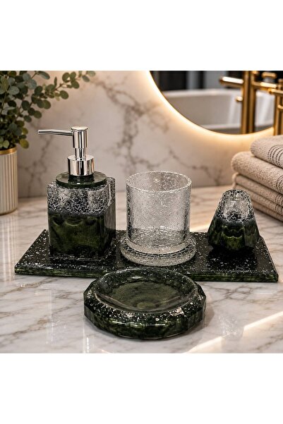 ARTEVIA HOME Green Luxury Epoksi Banyo Sabunluk Seti - Sıvı Sabunluk, Fırçalı...