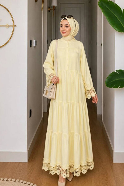 AZRA BUTİK Orchid Dress with Lace Detail on Sleeves and Hem in Yellow