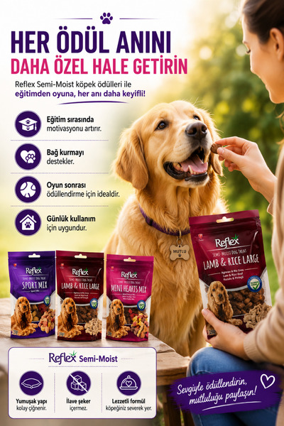Reflex Semi-Moist Köpek Ödül Maması 3'lü Set 150 gr x 3 (450 gr) Yumuşak Yapılı İlave Şekersiz Sport Mix + Lamb & Rice Large + Mini Hearts Mix