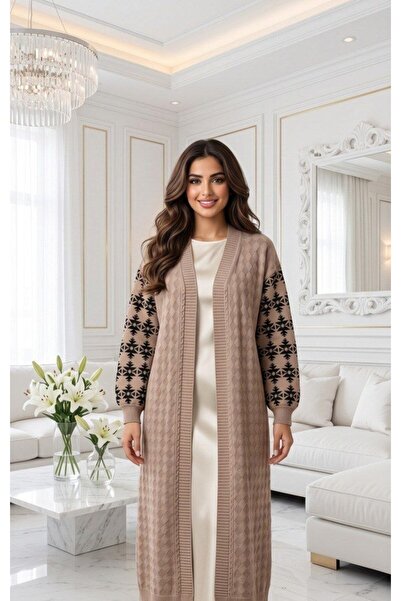 alqarat Midi Knit Winter Cardigan with Patterned Sleeves