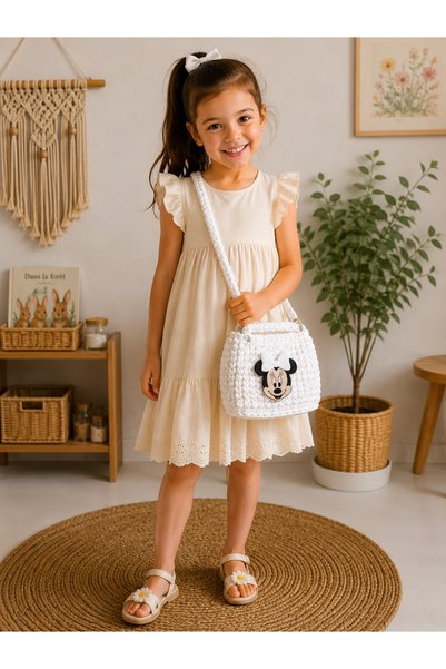 edirneörgü Hand Knitted Children's Bag with Minnie Figure – Combed Cotton Yarn