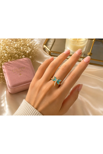 Lilith Takı Gold Dragonfly Ring – Elegant Women's Ring with Turquoise Stone |   Sparkling and Stylish Design