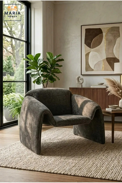 MARIA HOMES Modern Curved Accent Armchair – Grey Upholstered Lounge Chair for...