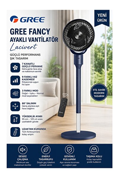 Gree Uzaktan Kumandalı, 46 W, 3 Kademe, 80° Salınım, 30 cm Çap Lacivert Fancy...