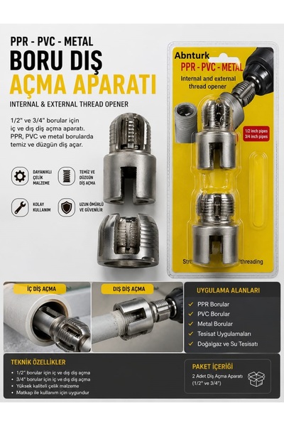 abnturk PPR PVC Metal Boru İç ve Dış Diş Açma Aparatı 1/2" - 3/4" Matkap Uyum...