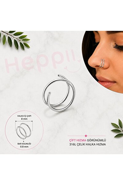 Heppii 316L Cerrahi Çelik Çift Hızma Görünümlü 8 mm Çelik Halka Burun Piercin...