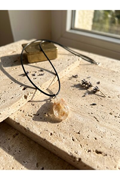 Meneva Aksesuar Raw Cut Citrine Natural Stone Leather Cord Necklace