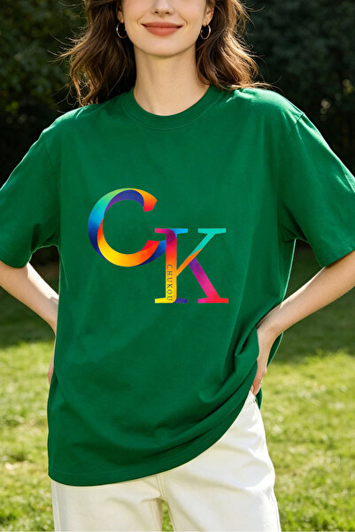 Fleck تي شيرت نسائي بشعار Rainbow CK ذو تصميم كاجوال كبير الحجم