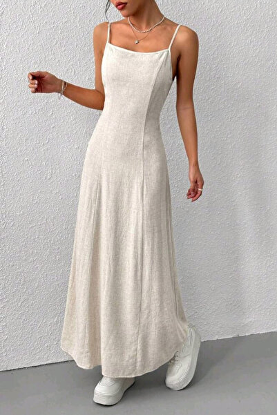 missamour Women's Thin Strap Linen Textured Corset Stitched Maxi Dress