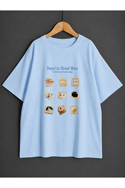 ZİYMO Unisex Cat and Bread Printed Oversize T-Shirt