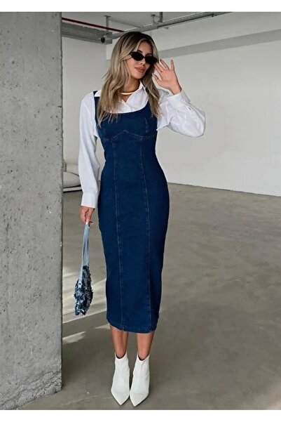 ginger love Women's Dark Blue Denim Strap Midi Dress – Jean Pencil Dress