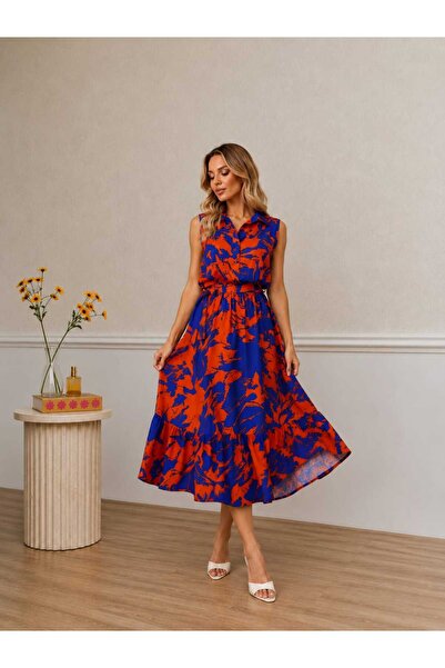 lubiti Ebru Patterned Belted Midi Length Viscose Shirt Dress
