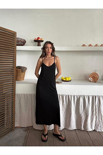 miyase life Adjustable Strap Slit Dress-Black