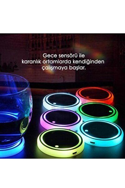 ŞENYILDIZ AKSESUAR Opel Uyumlu 2 Adet Gece Sensörlü Ledli Bardaklık Altı Usb Sarjlı 7 Farklı Renk Degiştirebilen