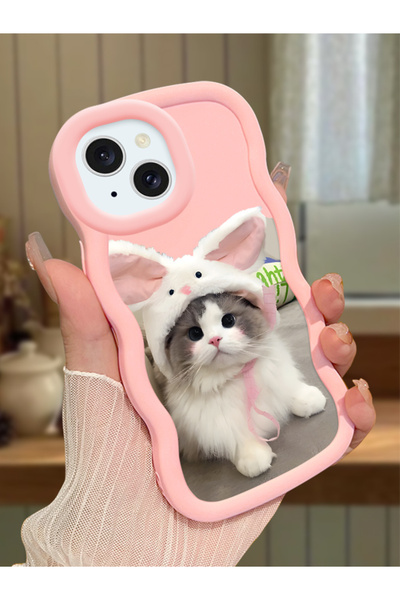 PATTERNOVA iPhone 13/14 Uyumlu Tavşan şapkalı kedi dalgalı kılıf, yumuşak tam...