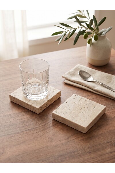 FARALYAHOME Doğal Traverten Kalın Mermer Kare Bardak Altlığı ve Sunumluk (10x10 Cm) - 2'li Set - Çizilmez Tabanlı Fincan Altı