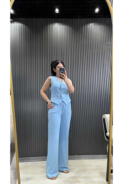 FEMİNEER.com Women's High Waist Blue Palazzo Pants and Vest Knitted Fabric To...