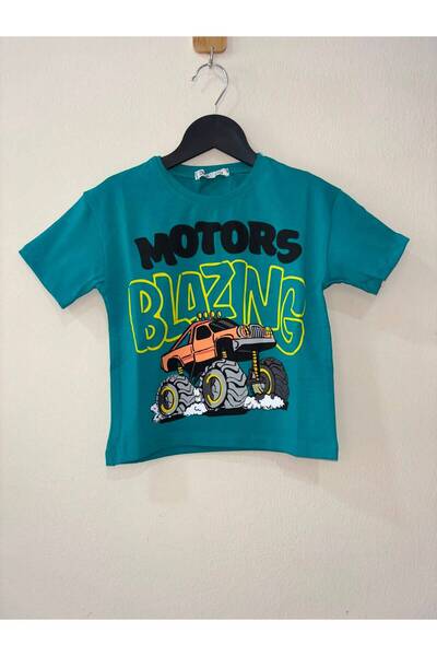 difa kids Erkek Çocuk Monster Truck "Motors Blazing" Baskılı Pamuklu Tişört