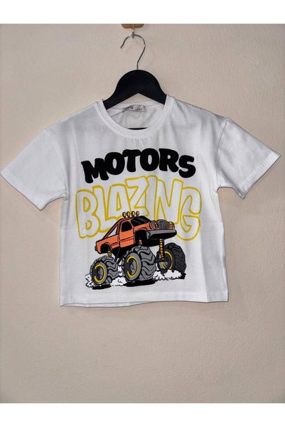 difa kids Erkek Çocuk Monster Truck "Motors Blazing" Baskılı Pamuklu Tişört