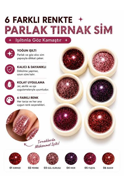 SEVRU 6 Adet Nail Art Sim Tozu Set. Renkli Kalıcı Oje, Protez Tırnak Süsleme ...