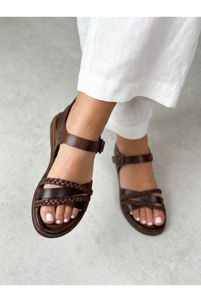 RMY SHOES Women's Brown Knitted Strap Flat Sandals