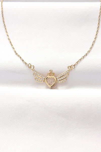 ARMÜZ 316L Steel Gold Color Zircon Stone Heart Wing Necklace