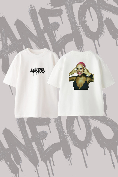 Anetos Doja Cat_9 Дизайн с принт Овърсайз тениска с кръгло деколте Бяла