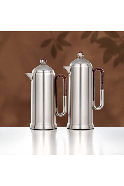 Almarjan 2 Pieces Vacuum Flask Set, Matt Nickel & Dark Wood