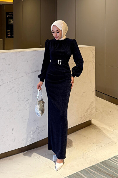 MODA ELİRA Silvery Seçil Tesettür Evening Dress Navy Blue