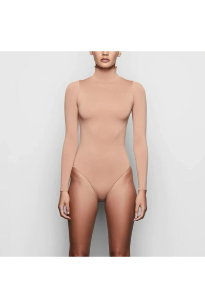 TAVSİYESEVER Uzun Kollu Lüks Bodysuit Hafif Toparlayıcı Balıkçı Yaka Ten Rengi