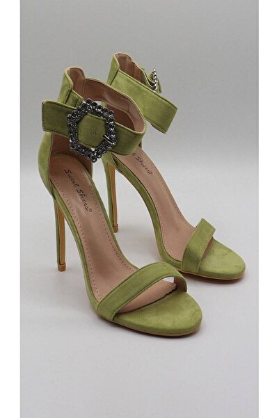 FashionApp Sandale de damă, cu toc înalt, cu baretă lată și accesoriu cu cris...