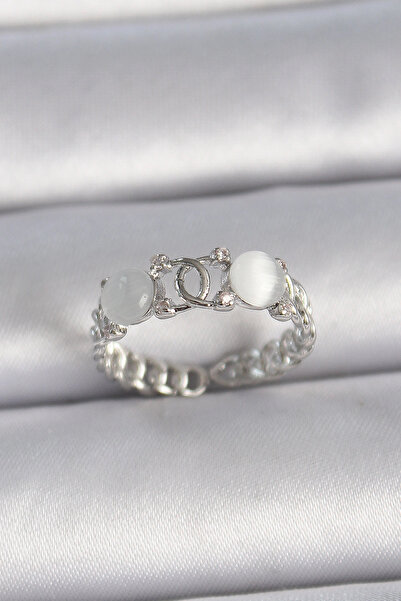 ARMÜZ Rice silver color adjustable zircon stone white enamel combined ring mo...