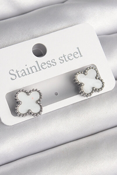 ARMÜZ 316L Steel Silver Color White Clover Model Women's Earrings