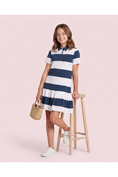 REDTAG Senior Girls White And Navy Striped Polo Dress