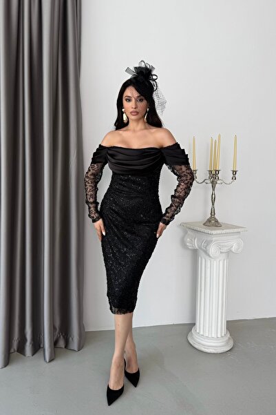 Serica Moda Siyah Kayık Yaka Askılı Payetli Midi Dantel Abiye Elbise