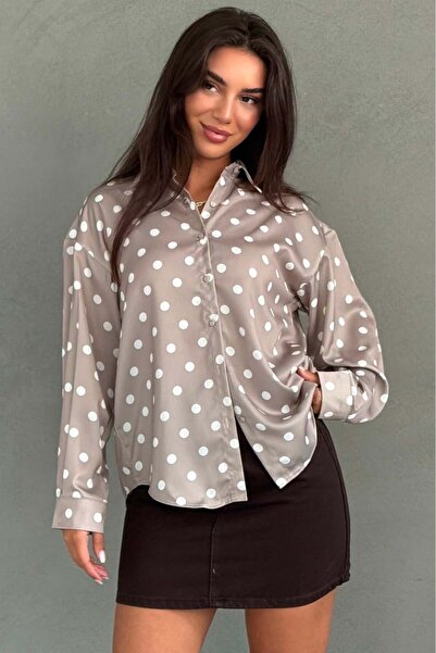 Madmext Beige Polka Dot Satin Women's Shirt Mg2869