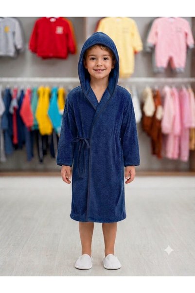 vinezza Çocuk Kapüşonlu Bornoz Yumuşak Dokulu Havlu İçten Bağlamalı İp Detayl...
