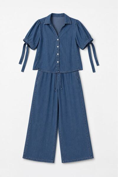 blue white Women's Blue Tencel Fabric Thin Comfortable Two-Piece Set
