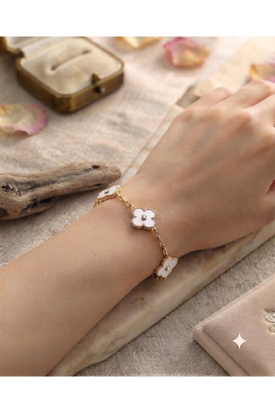 Nazellaa 316L Steel Chain Gold Stone White Color Clover Women's Bracelet
