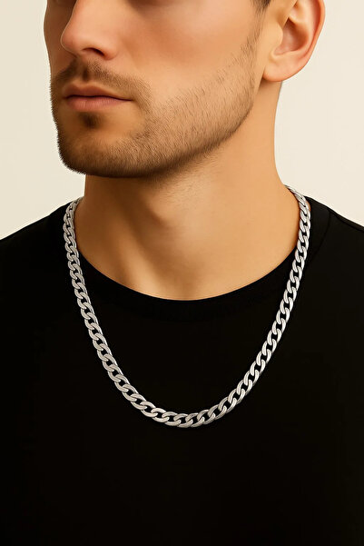 tesbihciniz Silver Color Unisex Men's Metal White Steel Chain Necklace