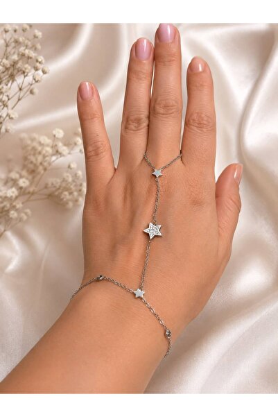 FİORE WOMEN Women's Star Detailed Zircon Stone Steel Shahmeran Bracelet Silve...