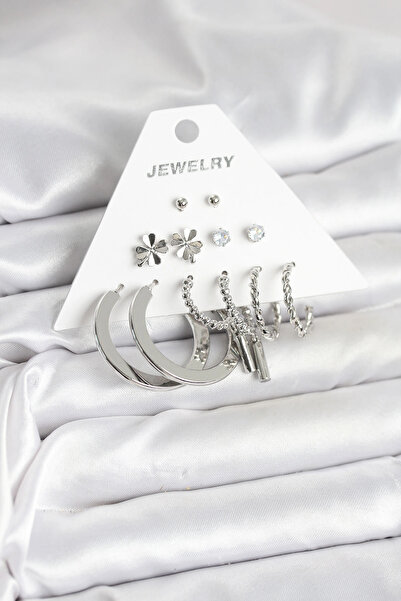 ARMÜZ Brass Silver Color 6 Pairs Women's Earrings Set
