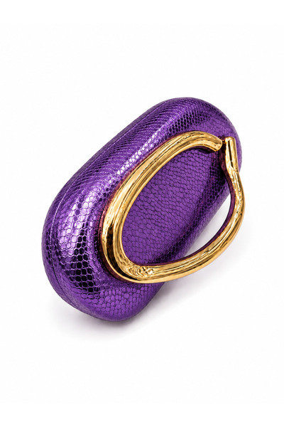 Mirel çanta OVAL FORMLU GOLD AKSESUARLI CLUTCH DESENLİ MOR ÇANTA