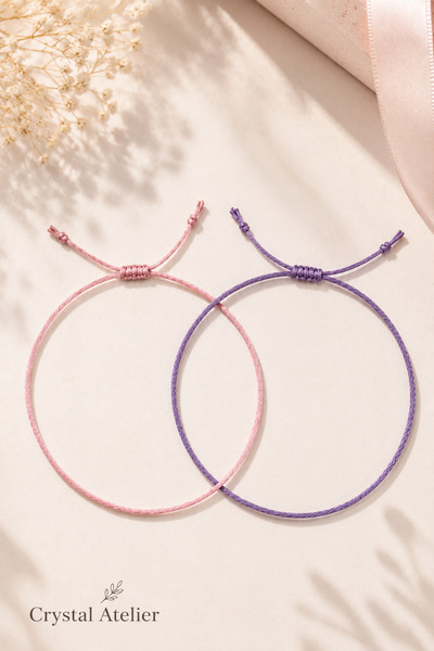 Crystal Atelier Pembe Mor İp Bileklik 2’li Set Ayarlanabilir Makrome Unisex A...